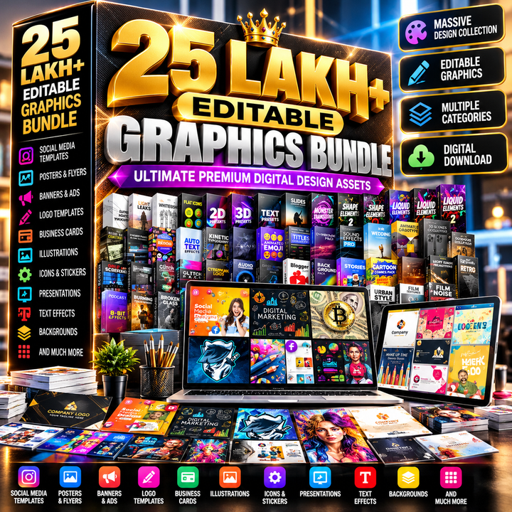 25 Lakh+ Editable Graphics Bundle | Premium Digital Design Assets Collection
