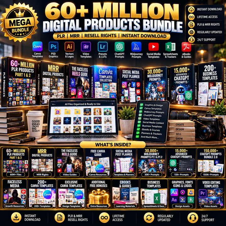 60+ Million Digital Products Bundle | PLR, MRR, Canva Templates & AI Prompts