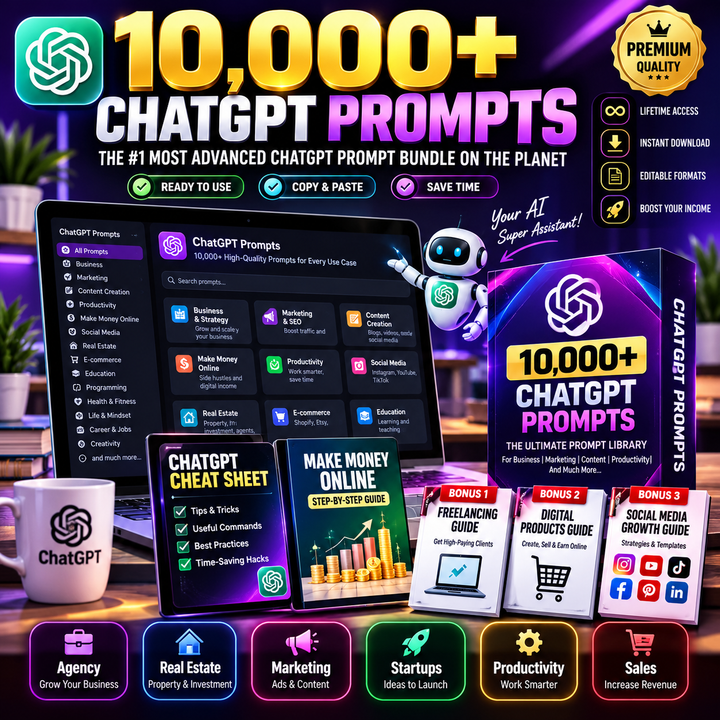 10,000+ ChatGPT Prompts Bundle, AI Prompt Library, ChatGPT Cheat Sheet, Make Money Online Guide, 3 Bonus PDF Downloads
