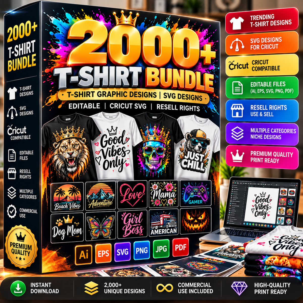 2000+ T-Shirt Design Bundle | Premium SVG & PNG Graphics | Cricut Cut Files | Editable T-Shirt Designs |