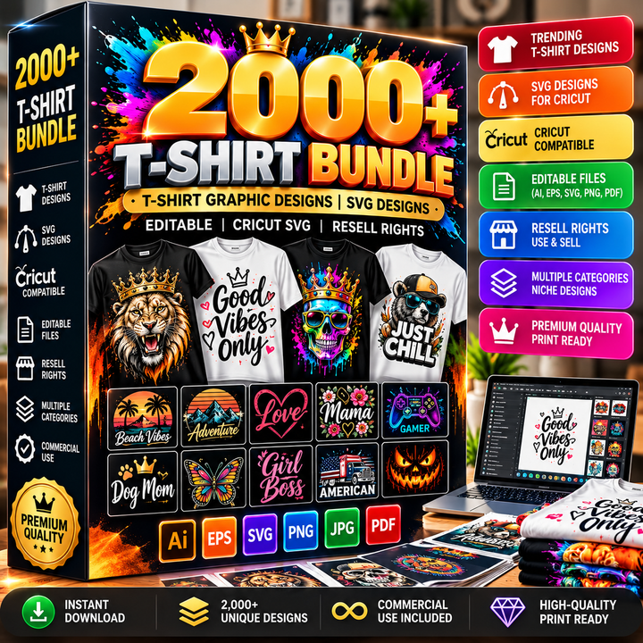 2000+ T-Shirt Design Bundle | Premium SVG & PNG Graphics | Cricut Cut Files | Editable T-Shirt Designs |