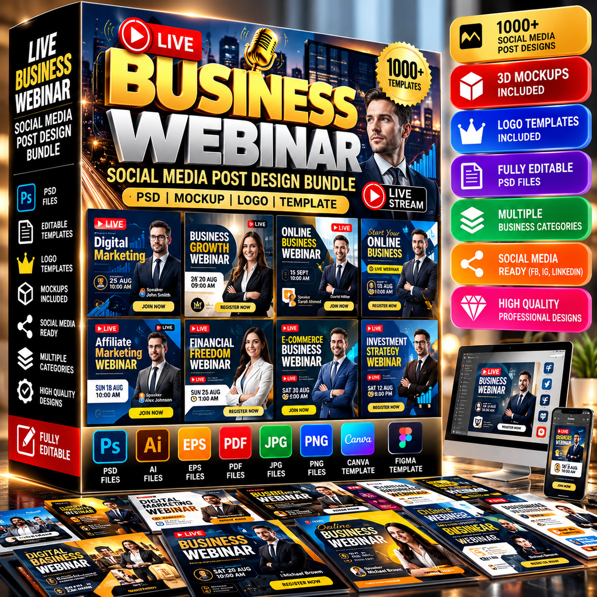 Live Business Webinar Social Media Post Templates | PSD Mockup & Logo Templates | Professional Digital Marketing Graphics