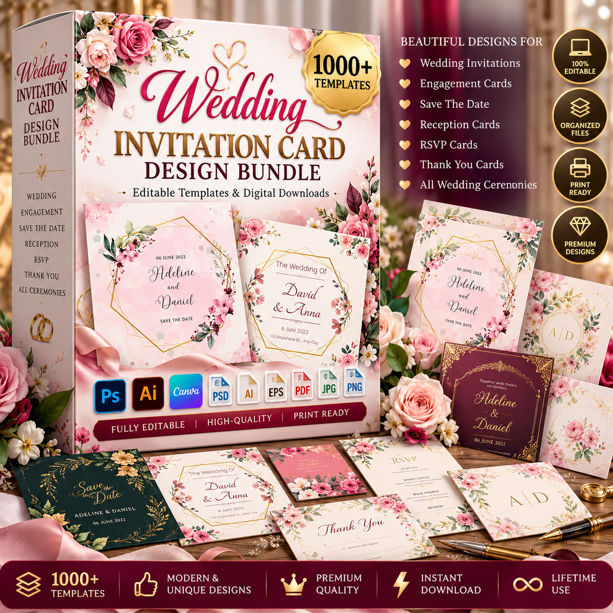 Wedding Invitation Card Design Bundle | Editable Wedding Templates & Digital Downloads