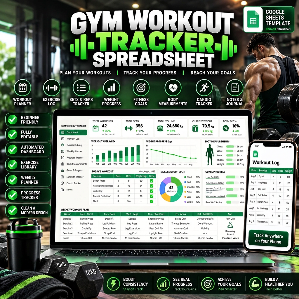 Gym Workout Tracker Spreadsheet and Fitness Planner