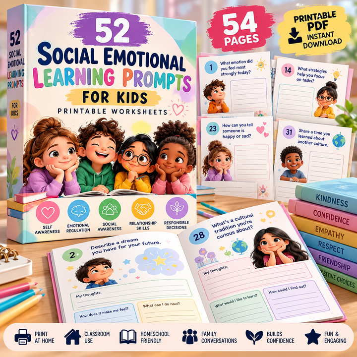 52 Social Emotional Learning Prompts for Kids | Printable SEL Worksheets PDF