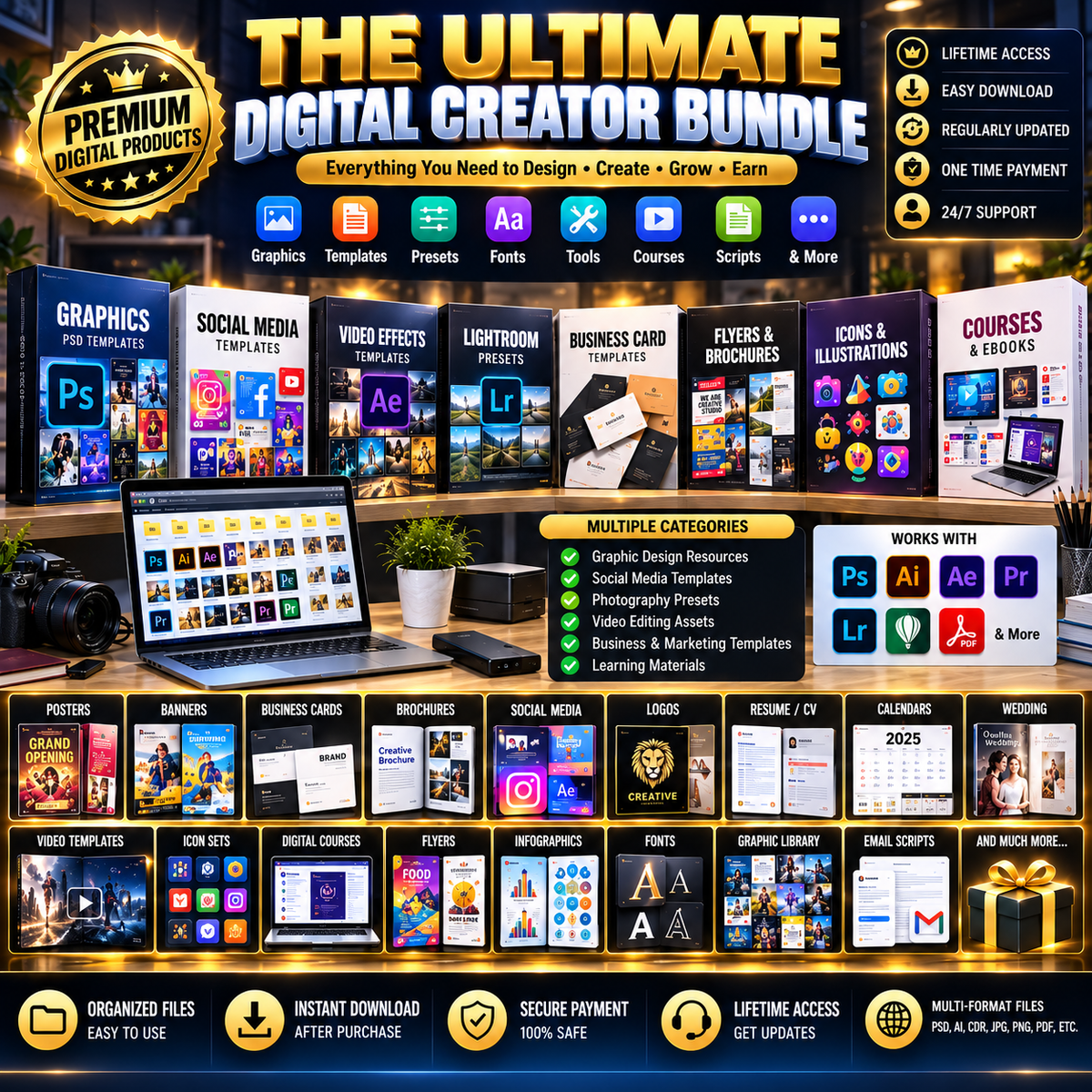 Ultimate Digital Creator Bundle: Graphic Design Templates, Social Media Assets & Video Effects